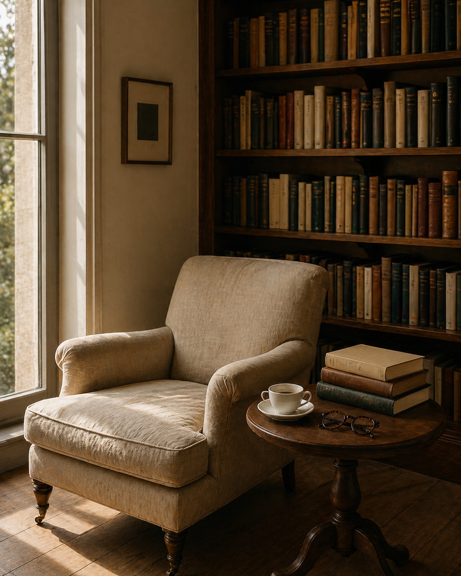 A quiet considered interior - a single armchair beside a side table with a coffee and a stack of books, soft warm window light. Where the firm works.