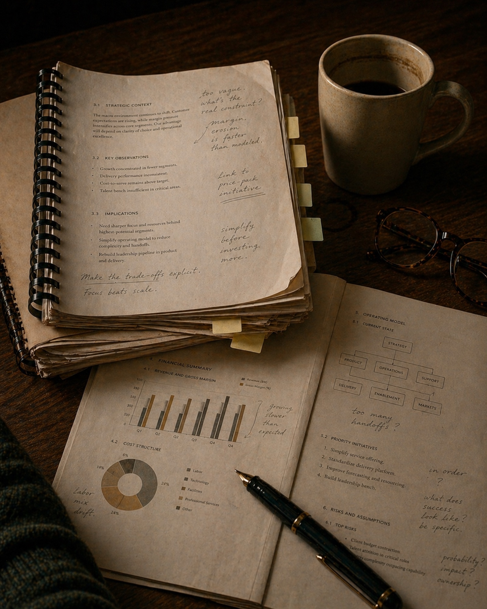A close-up of dog-eared printed consulting reports stacked together with handwritten margin notes and yellowed sticky tabs - evidence of work that didn't ship.