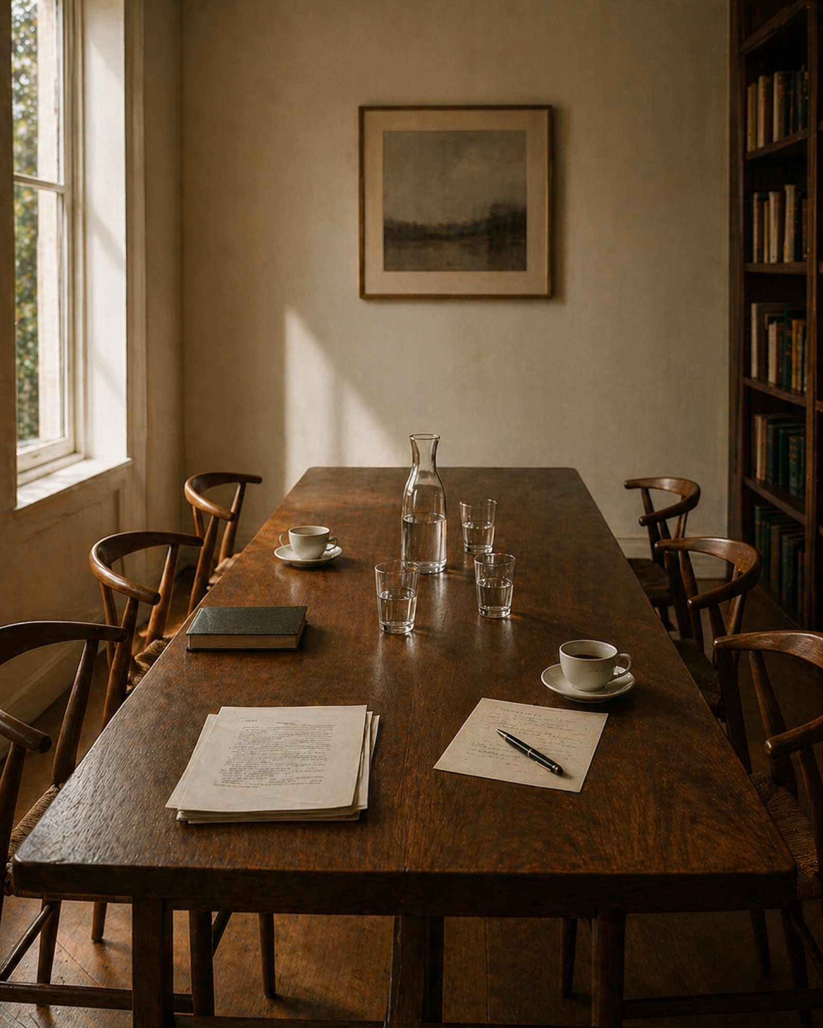 An empty modern meeting room in soft morning light, floor-to-ceiling window, neutral tones.