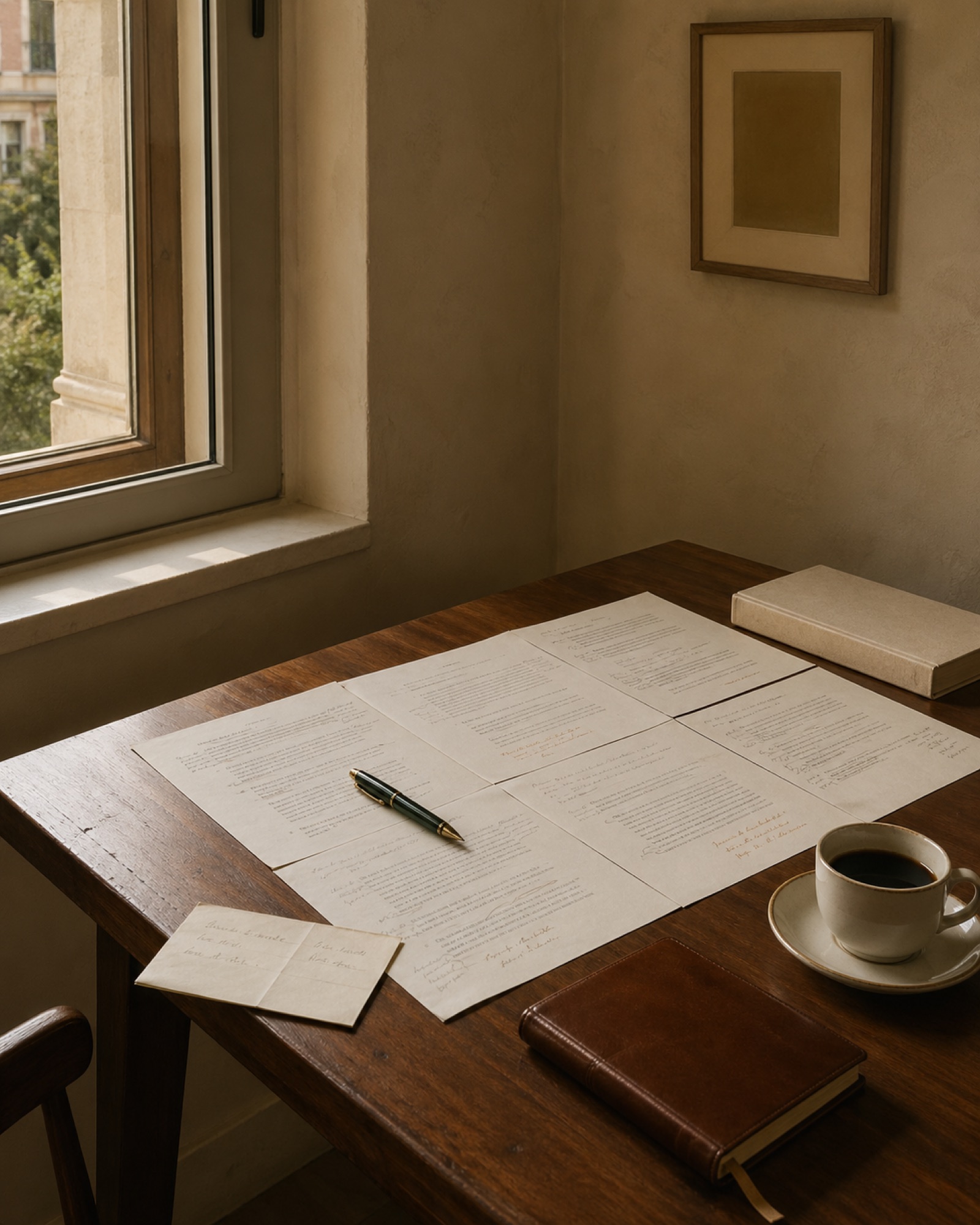 An advisory desk in warm late-morning light - a printed strategy document spread across an unpolished walnut desk with a fountain pen paused mid-edit, a closed leather notebook and porcelain coffee cup beside it.
