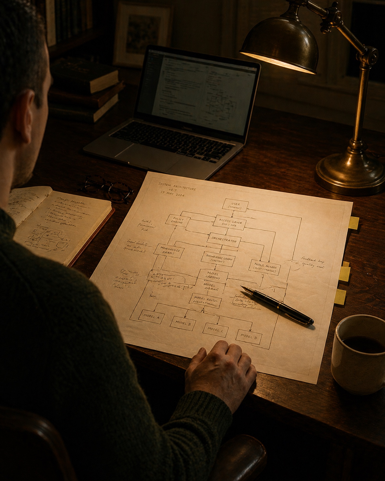 A laptop on a dark desk, an abstract workflow diagram visible on the screen, warm under-light.