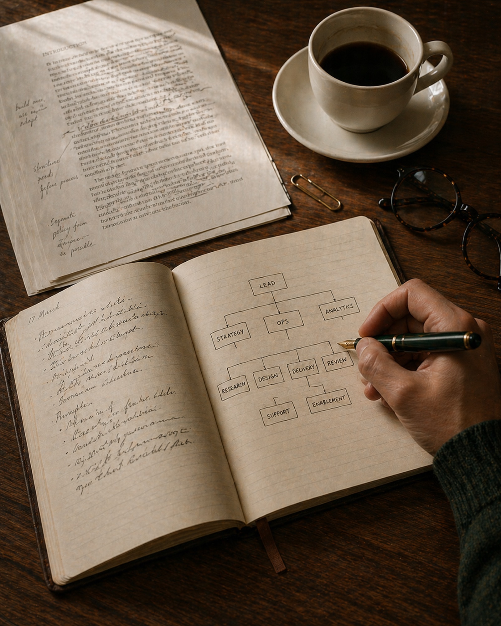 A notebook open on a wooden table, a hand sketching an org structure with a pencil, morning light.