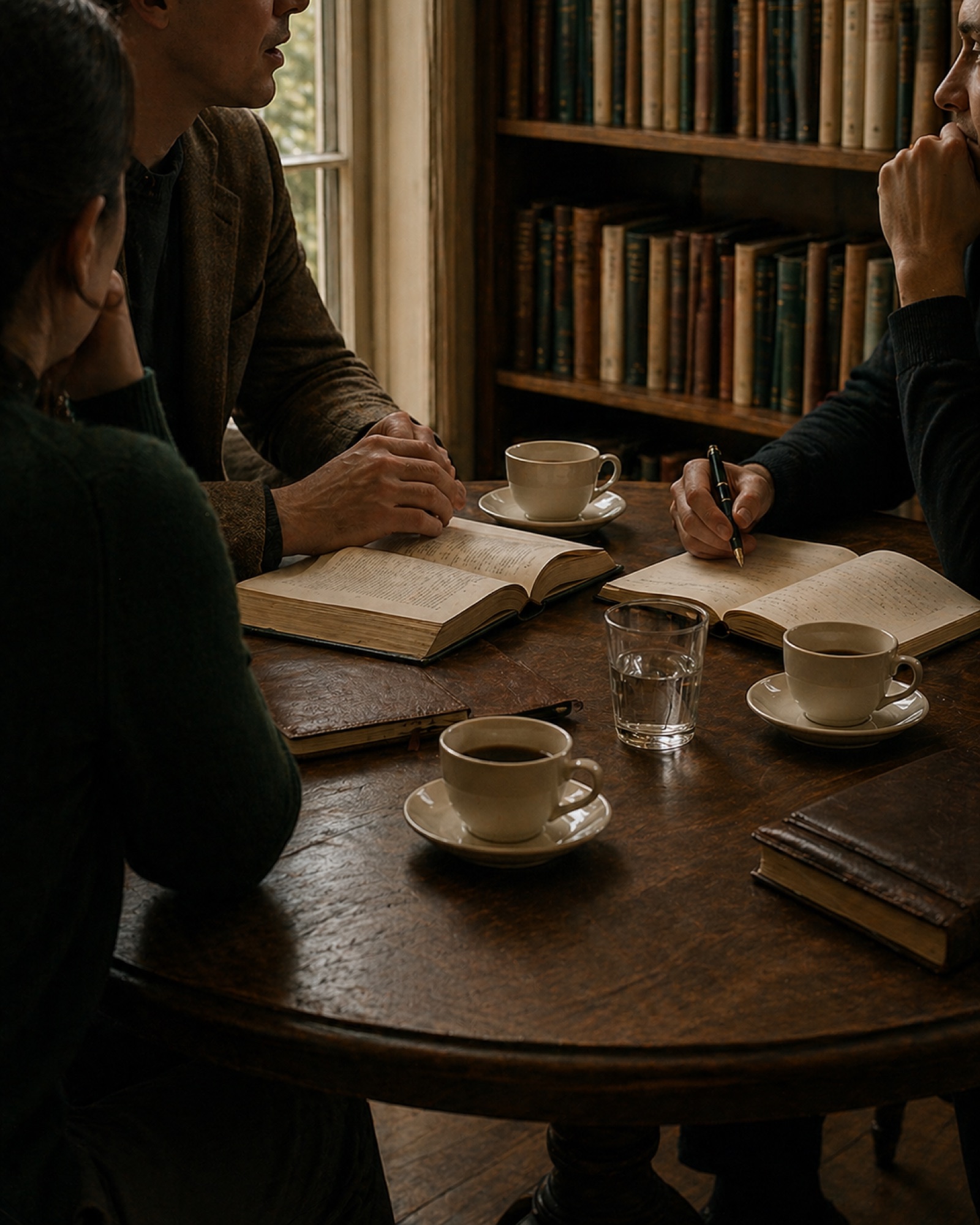A small group around a table, mid-conversation, hands gesturing - anonymous, warm light, editorial.