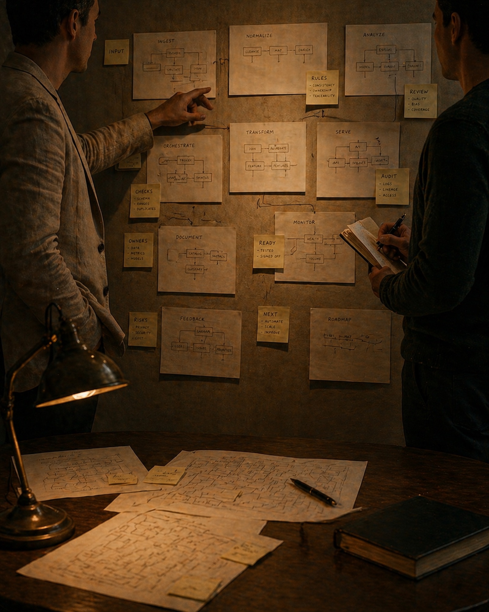 Two operators standing in front of a wall covered in printed system diagrams and sticky notes, one mid-gesture pointing at a node.