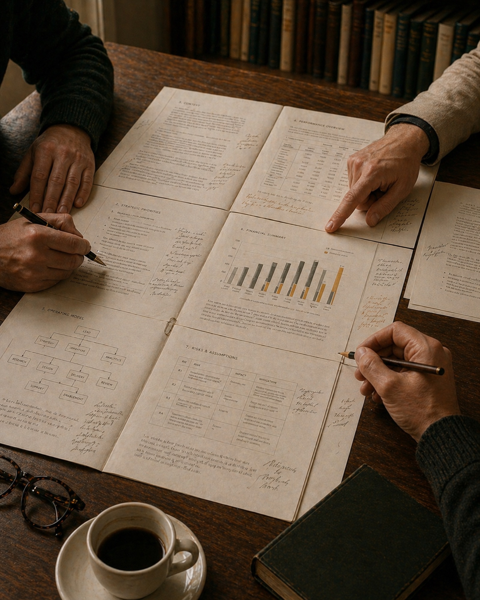 A planning conversation around a printed strategy document spread on a wooden table, hands annotating margins with pencil.
