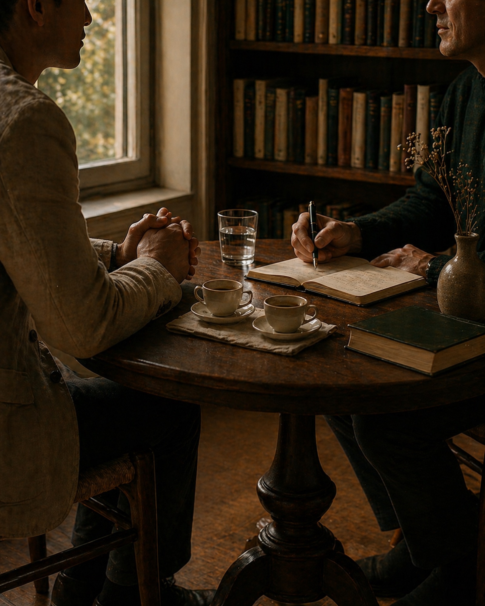 A 1:1 coaching session - two people in profile across a small table, one taking notes, the other speaking, anonymous, warm afternoon light.